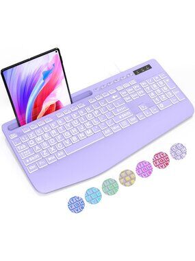 Large Print Backlit Wired USB Keyboard with 7-Color Lighting & Wrist Rest